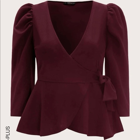 Puff Sleeve Wrap Belted Peplum Top - Picture 1 of 6